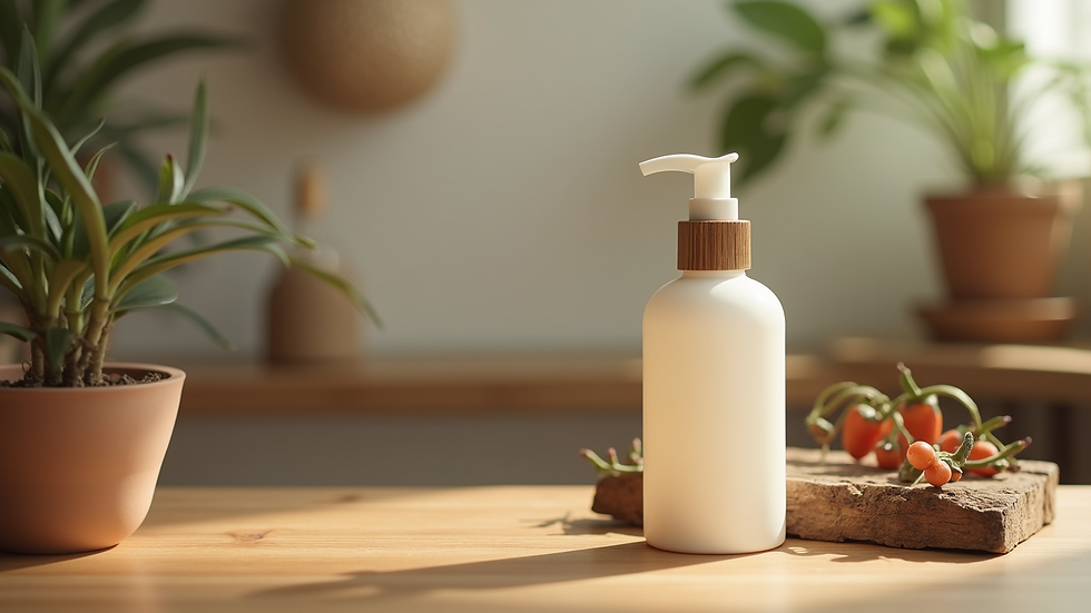 Nahaufnahme einer Flasche Palacio Hanf-Shampoo auf einem Holztisch