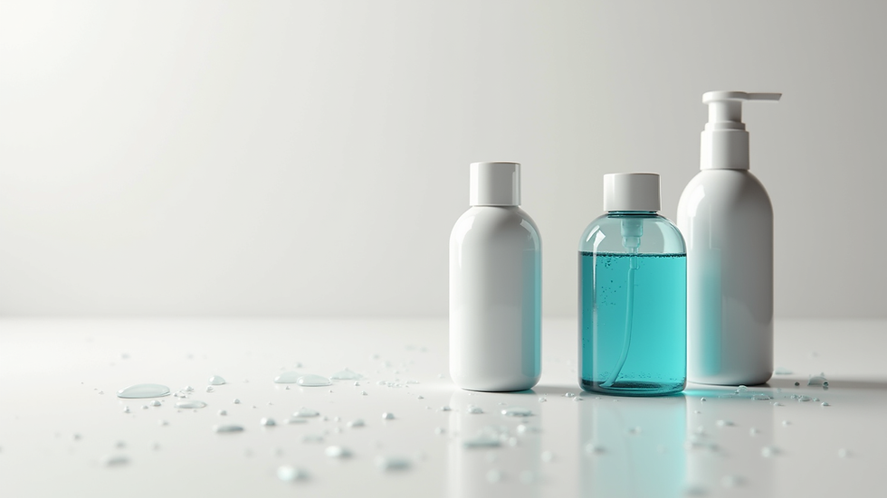 Eye-level view of cosmetic bottles with water droplets on a white surface