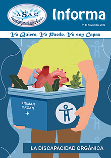 Portada revista Informa, de mes de noviembre de 2023. Ilustración discapacidad orgánica (un chico transporta un corazón en una nevera de transporte de órganos)