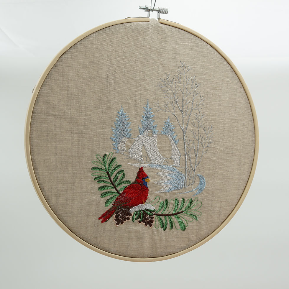 cadre brodé à suspendre _oiseaux et paysage d'hiver