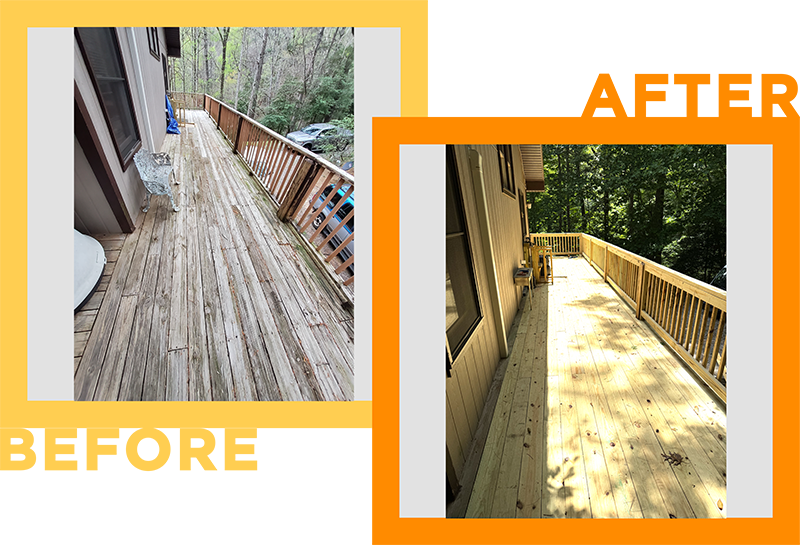 Before and after deck repair in Leatherwood Mountains, Ferguson NC, showing full surface rebuild on 30-year-old structure.