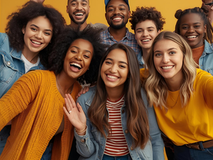 Group of volunteers on a yellow back ground.