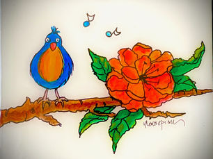 Painting of a blue bird singing music happily on a branch with a large orange flower