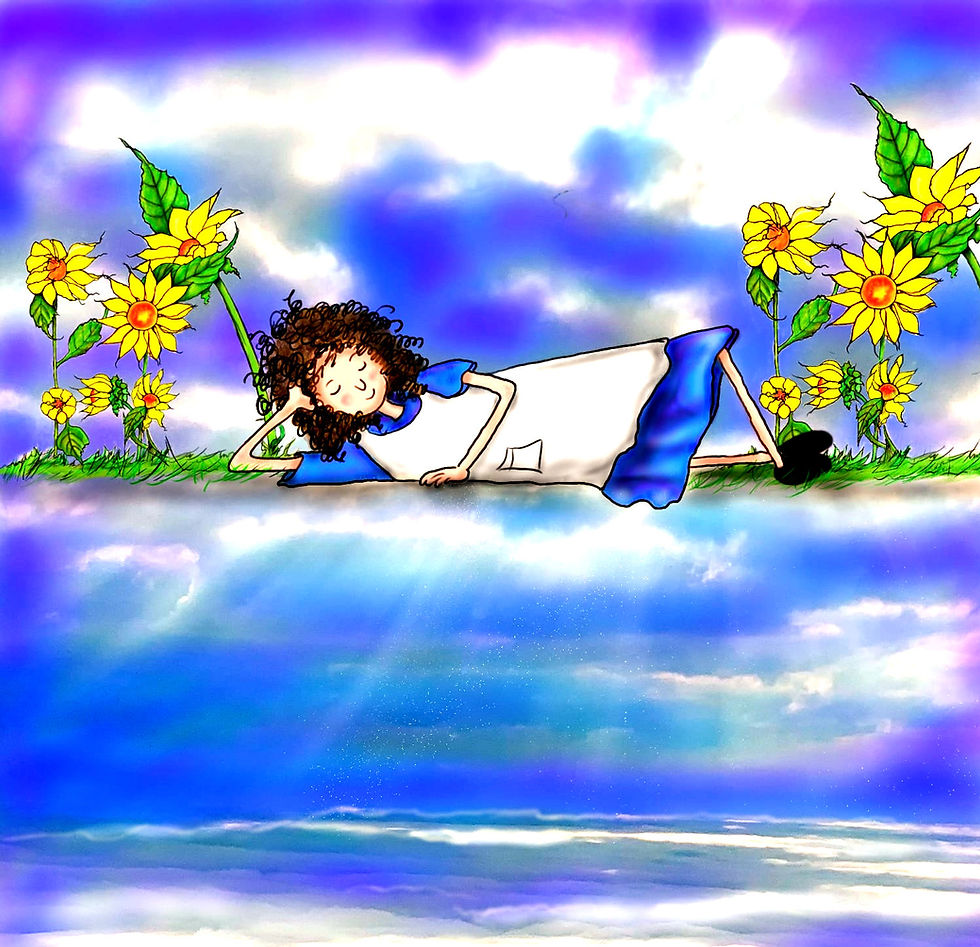 A young girl dressed in working clouds floats happily above the clouds while she is surrounded by sunflowers.