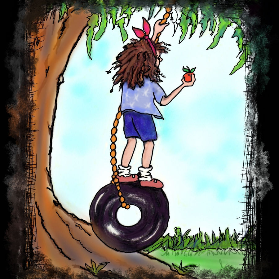 Young girl on tire swing under tree.