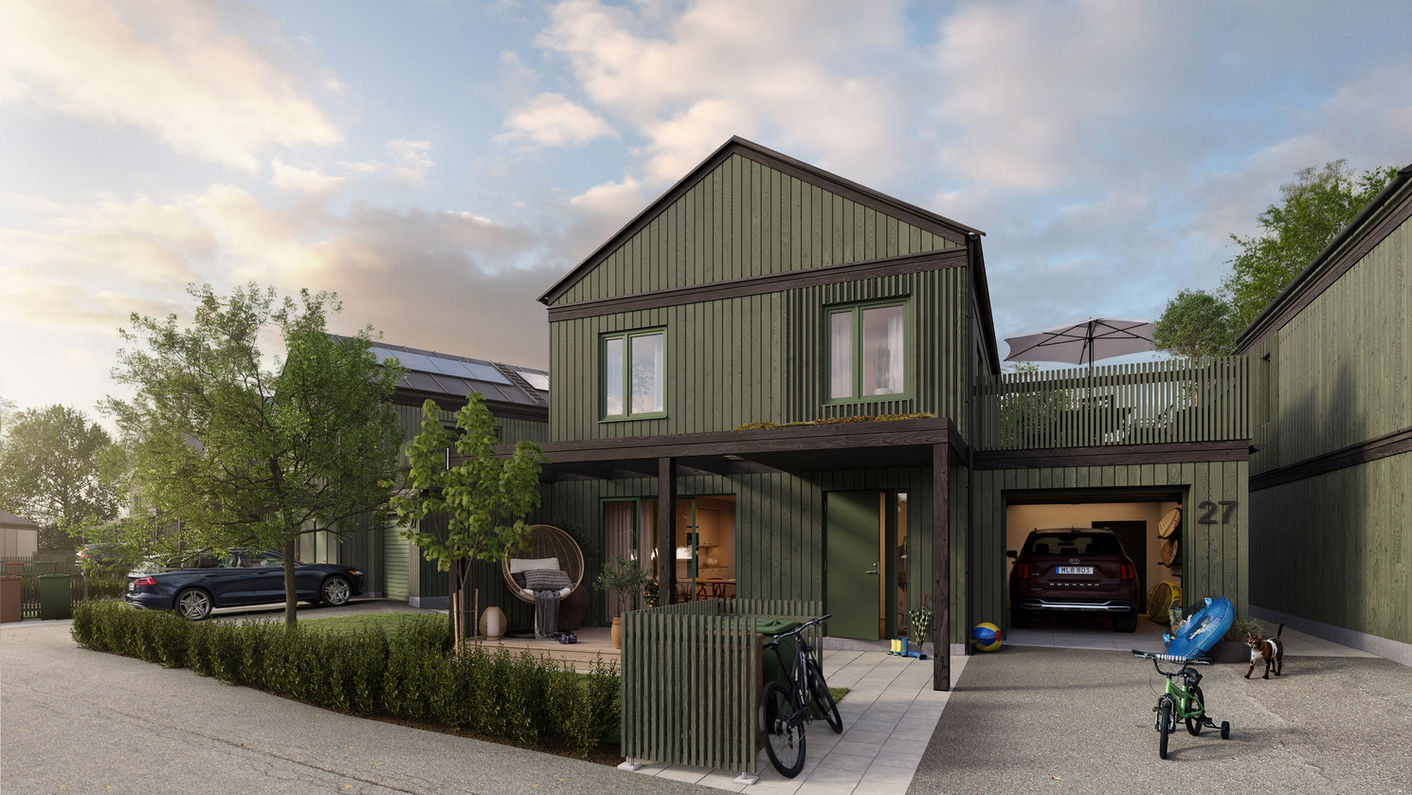 Nygårds Äng tvåplansvilla exteriör i grön träpanel