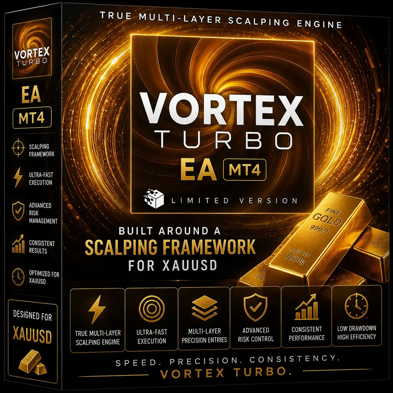 Vortex Turbo EA MT4 Gold Scalping Robot V1.1 product box for automated XAUUSD trading