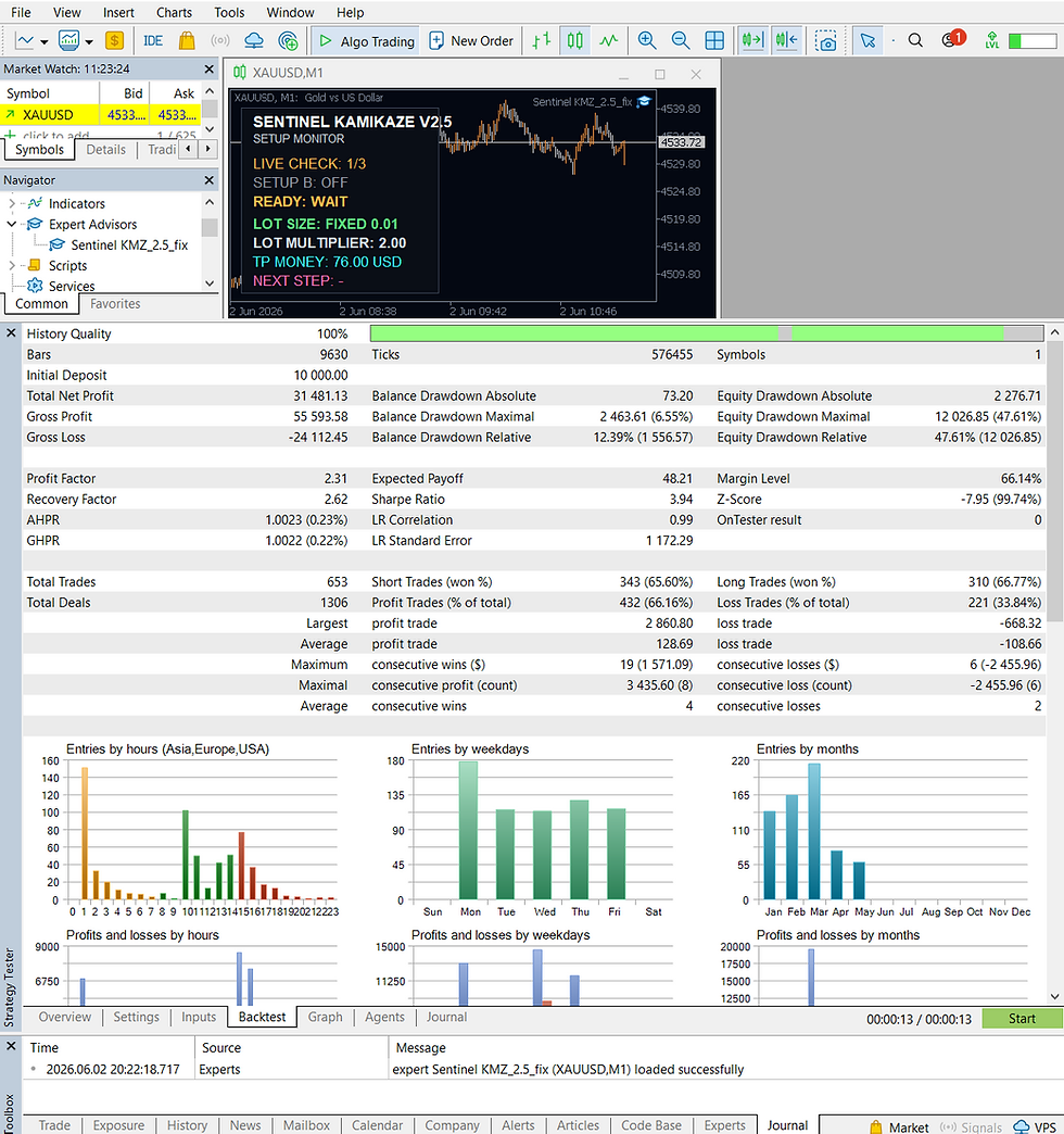 Thumbnail: Sentinel KMZ MT5 strategy tester report showing profit and drawdown statistics