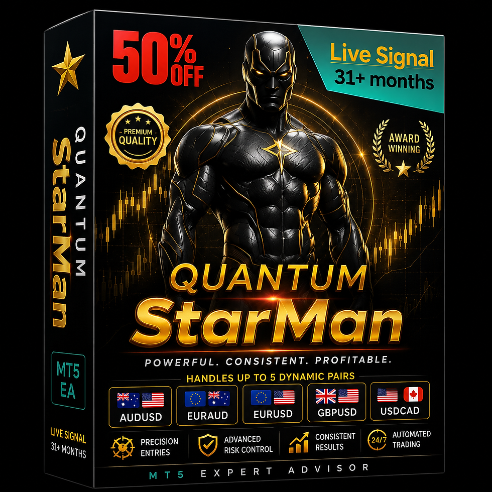 Quantum StarMan MT5 Expert Advisor box cover featuring multi-currency automated Forex trading for AUDUSD, EURAUD, EURUSD, GBP