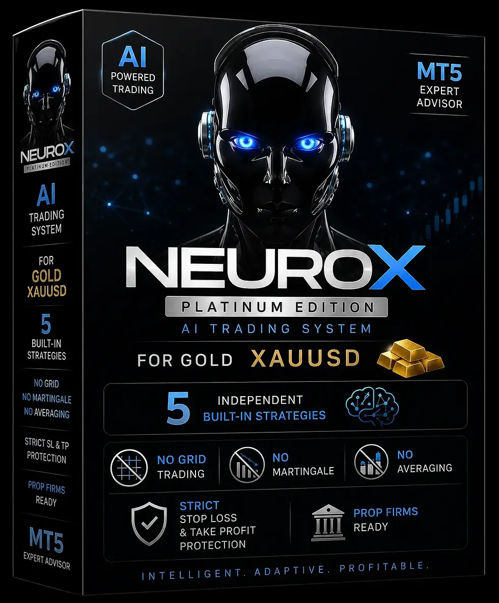NeuroX AI MT5 box cover showing advanced Gold trading automation with neural network technology
