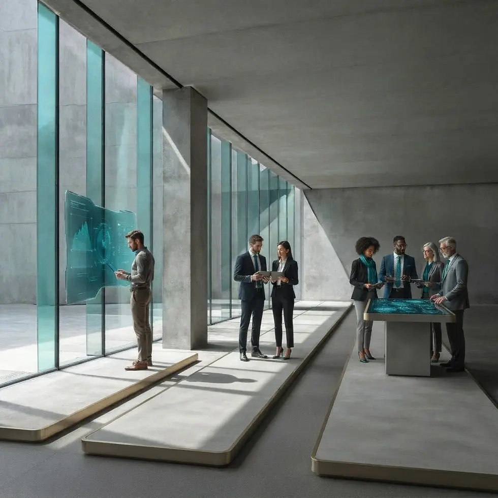 Studio photography of business professionals collaborating in a minimalist, modern office space with floor-to-ceiling glass panels. The atmosphere is professional, sleek, and quiet.