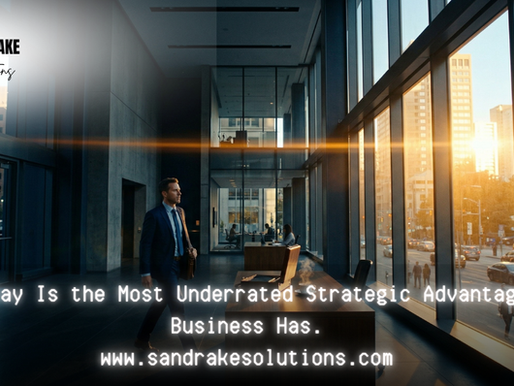 Businessman in a modern office with city view at sunset, text reads: "Why Monday Is the Most Underrated Strategic Advantage." Logo: Sandrake Solutions.
