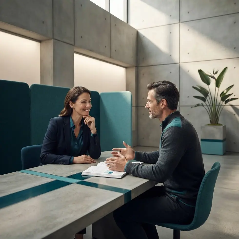 Studio photography of a man and a woman in business casual attire engaging in a professional conversation at a modern desk. The setting is a bright, contemporary office with concrete walls and teal accents.