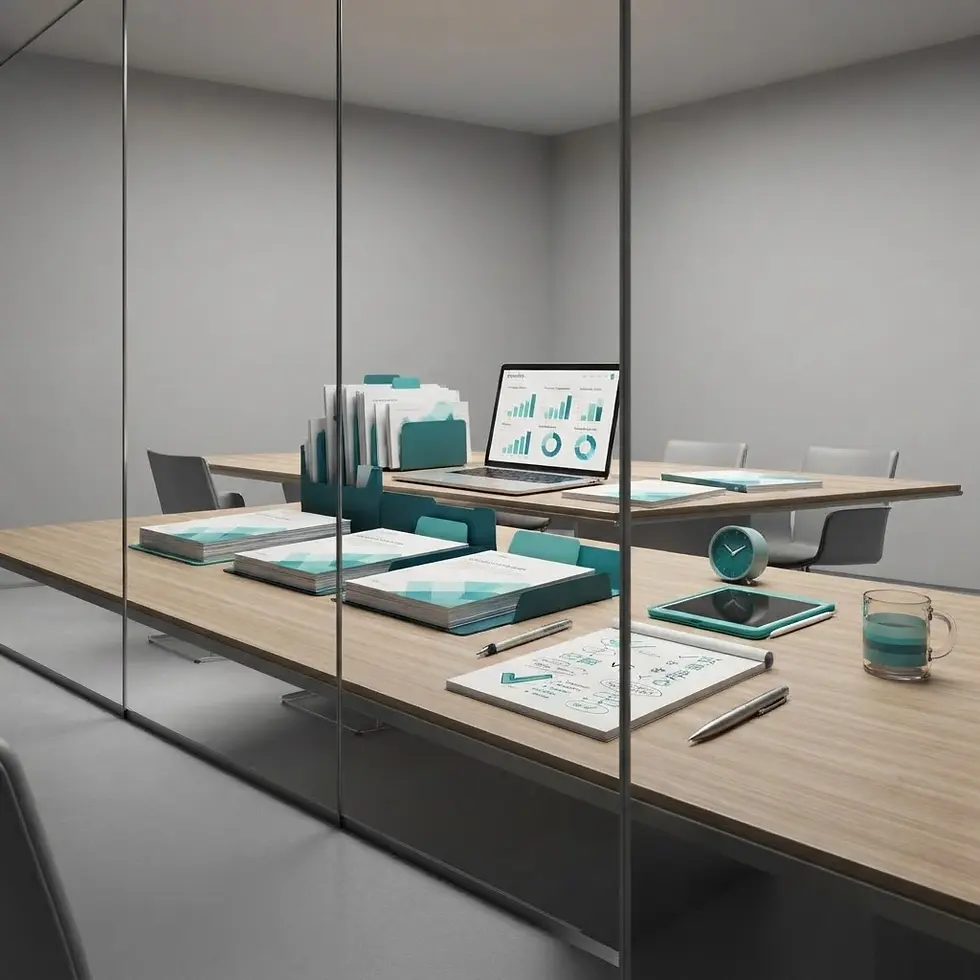 Studio photography of a modern conference room interior viewed through glass panels. A sleek wooden table holds a laptop, documents, and office supplies in a clean, professional aesthetic.