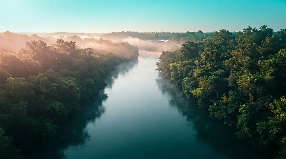 Landscape photography showing a calm, wide river flowing through a lush forest at dawn. The scene is filled with soft morning mist and warm, golden sunlight filtering through the trees.
