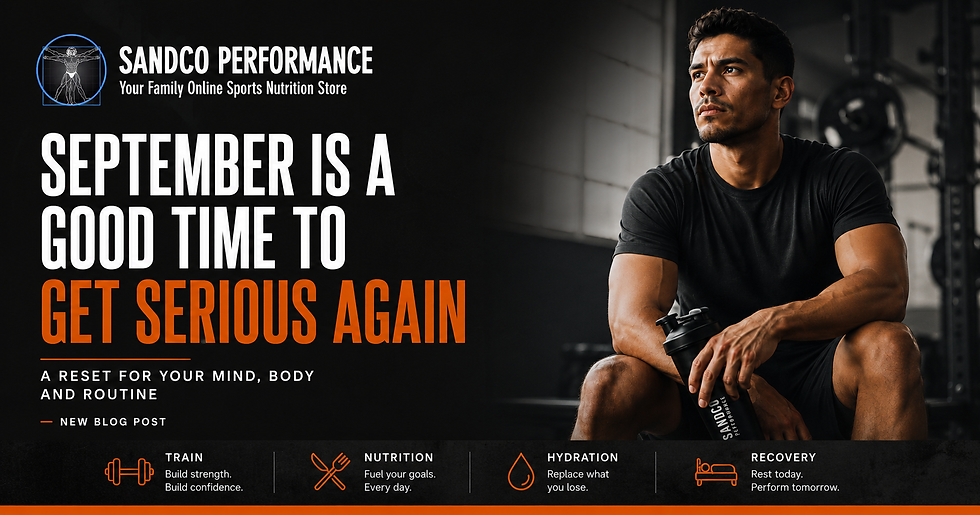 Fitness promo poster with a man holding a black shaker bottle beside text: September is a good time to get serious again.