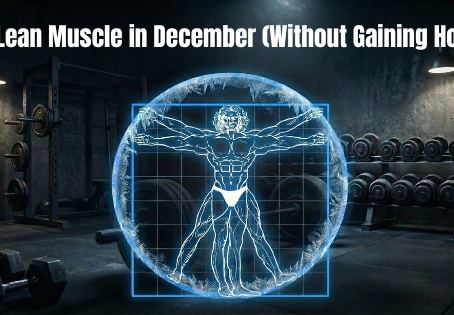 Vitruvian-style muscle anatomy graphic in a winter-themed gym setting promoting December lean muscle guide titled 'How to Build Lean Muscle in December Without Gaining Holiday Weight.