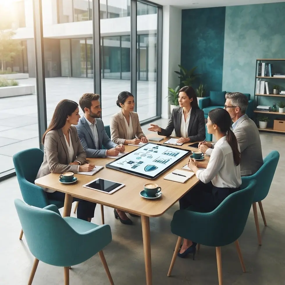 Studio photography of a diverse business team collaborating around a digital conference table in a modern boardroom. The scene conveys a professional, collaborative, and bright atmosphere.