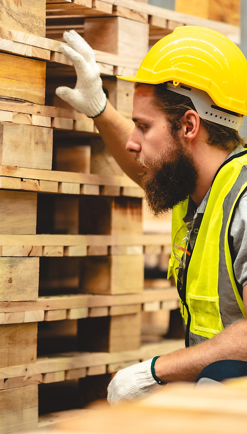 Worker inspecting quality wood pallets for pallet company.