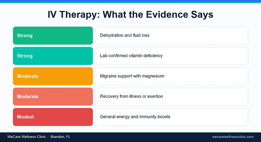 Infographic ranking IV therapy uses by strength of scientific evidence