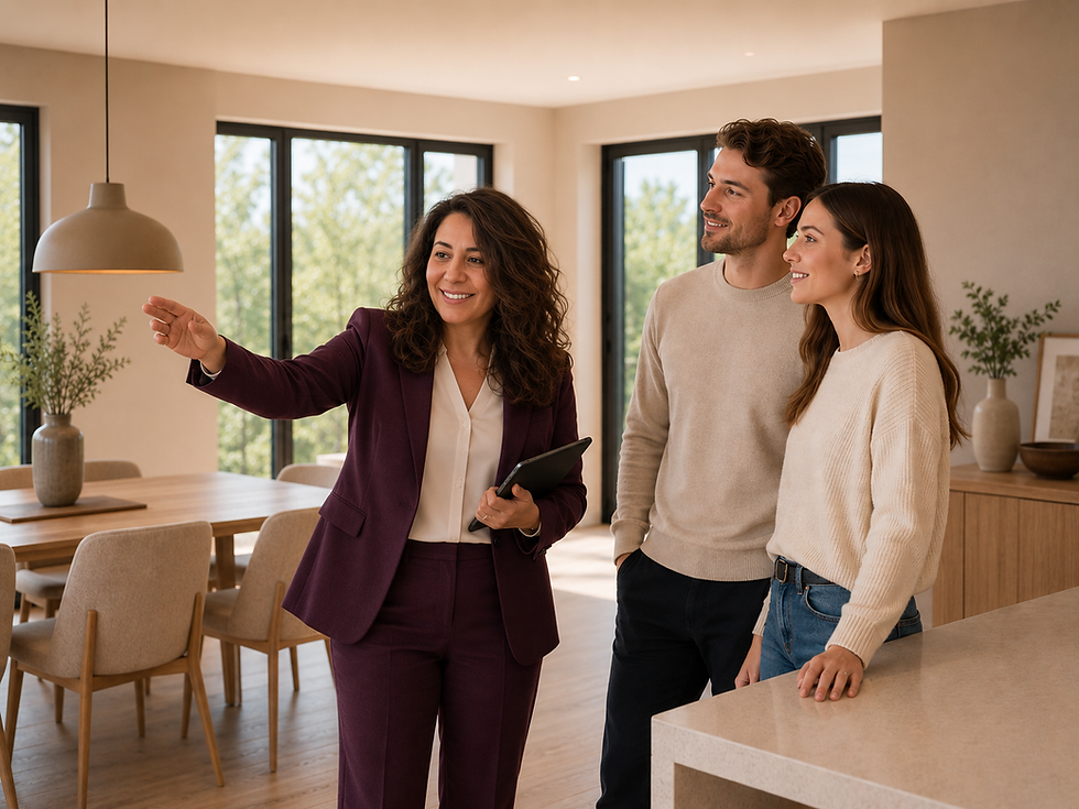 Immobilienberaterin zeigt einem Paar eine helle Wohnung