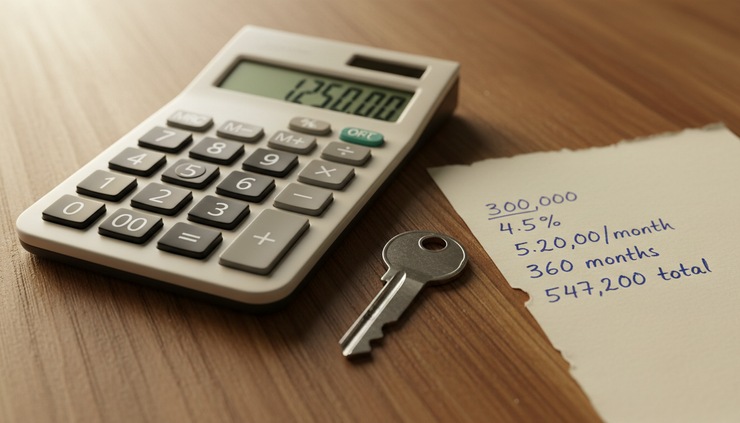 Close-up view of a calculator beside a home key on a kitchen table.
