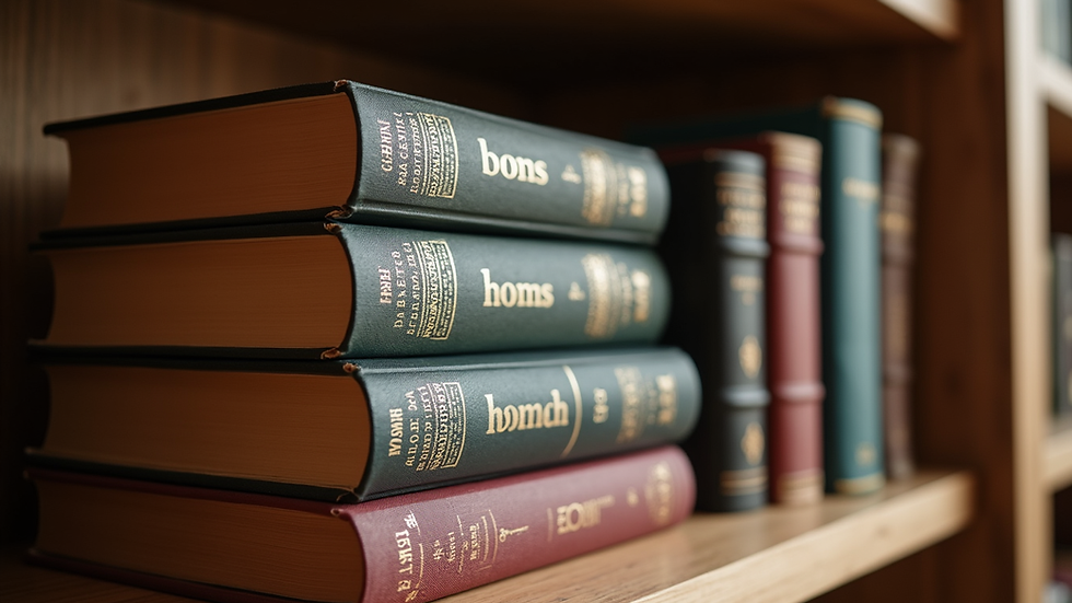 Close-up view of a stack of classic Christian books on a wooden shelf