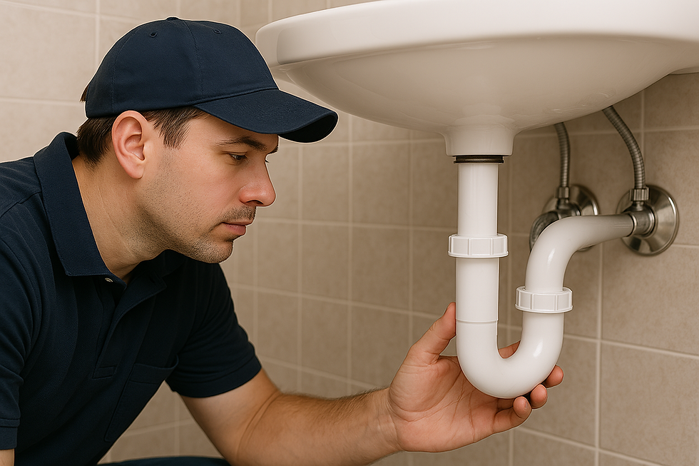 A smiling plumber wearing a navy blue cap and polo shirt inspects a white PVC P-trap under a bathroom sink. He is crouched and attentively looking at the pipe, with beige tiled walls and a clean white sink visible in the background.
