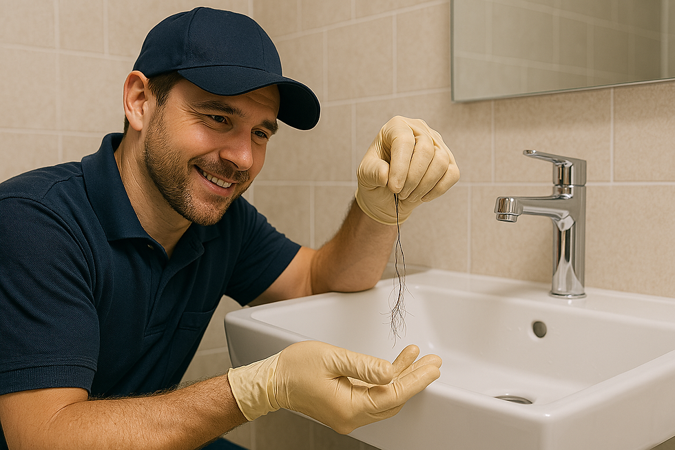 Plumber removing hair clog from bathroom sink during a preventative drain cleaning service