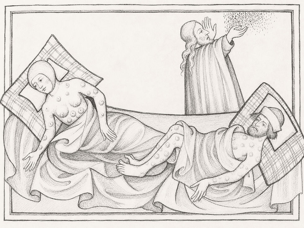 KI-generierte Skizze zur Pest im Mittelalter: Zwei Pestkranke mit sichtbaren Hautveränderungen liegen auf Kissen, während eine stehende Figur die Hände erhebt. Nach einer Miniatur der Toggenburg-Bibel von 1411.
