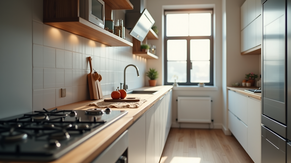 Eye-level view of a modern kitchen with smart appliances