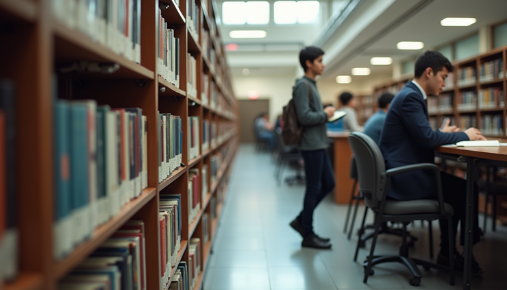 Eye-level view of a college campus library with students studying