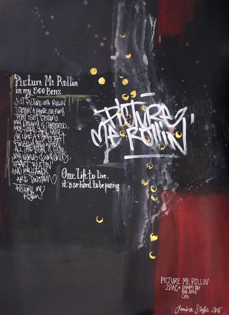Abstrakte Bildserie mit Schrift- und Farbelementen, inspiriert von Songs eines Hip-Hop-Albums.