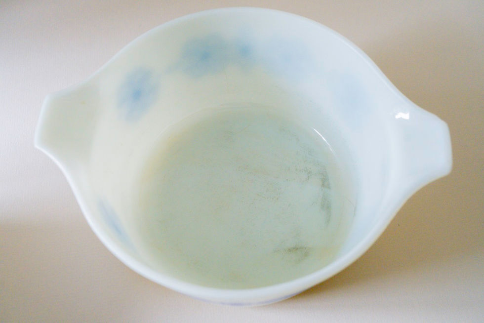 Thumbnail: *SOLD* JAJ Pyrex “Blue Scroll” Casserole Dishes – MCM British Opal Glass Pair