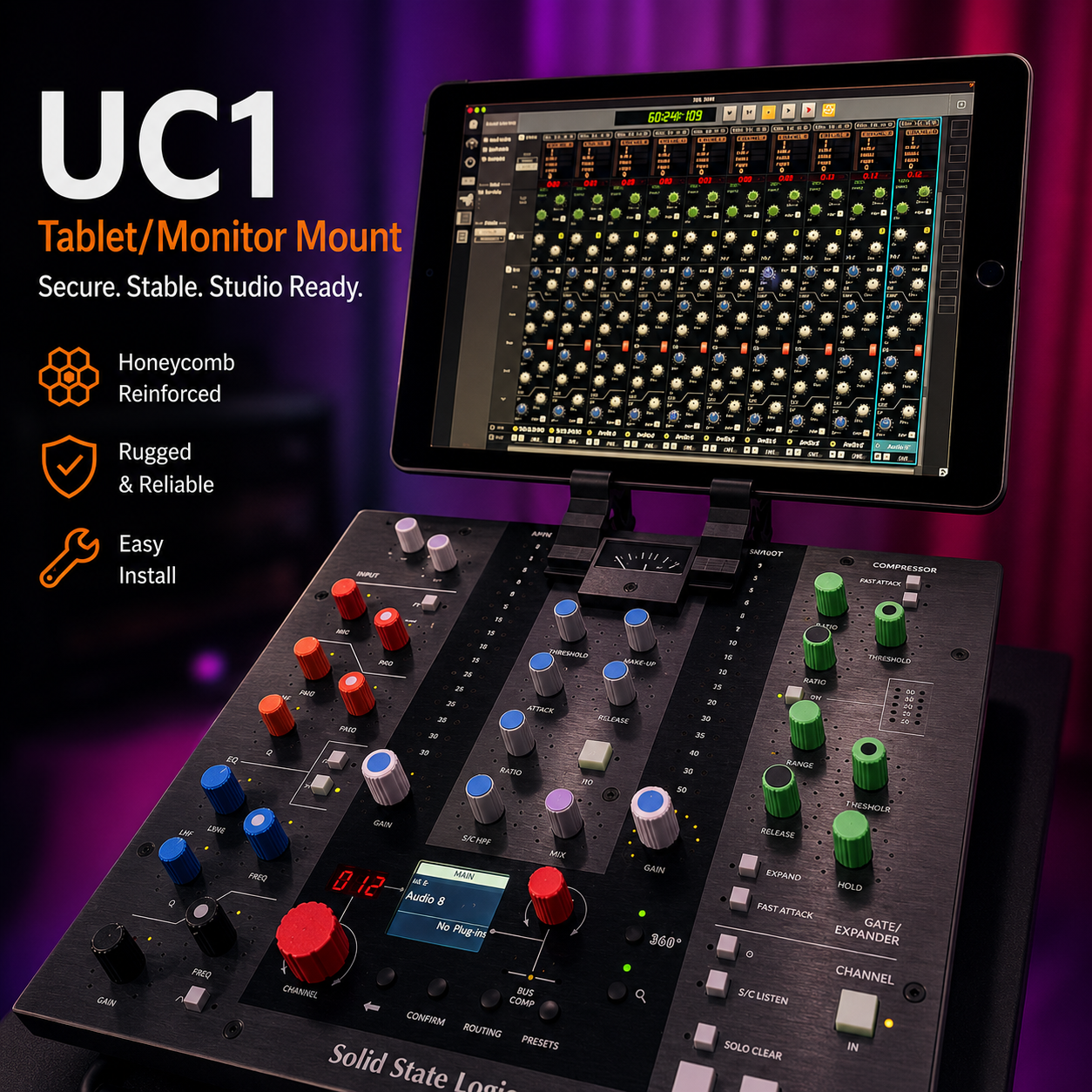 SSL UC1 Tablet Mount - iPad or tablet holder installed on SSL UC1 mixing console