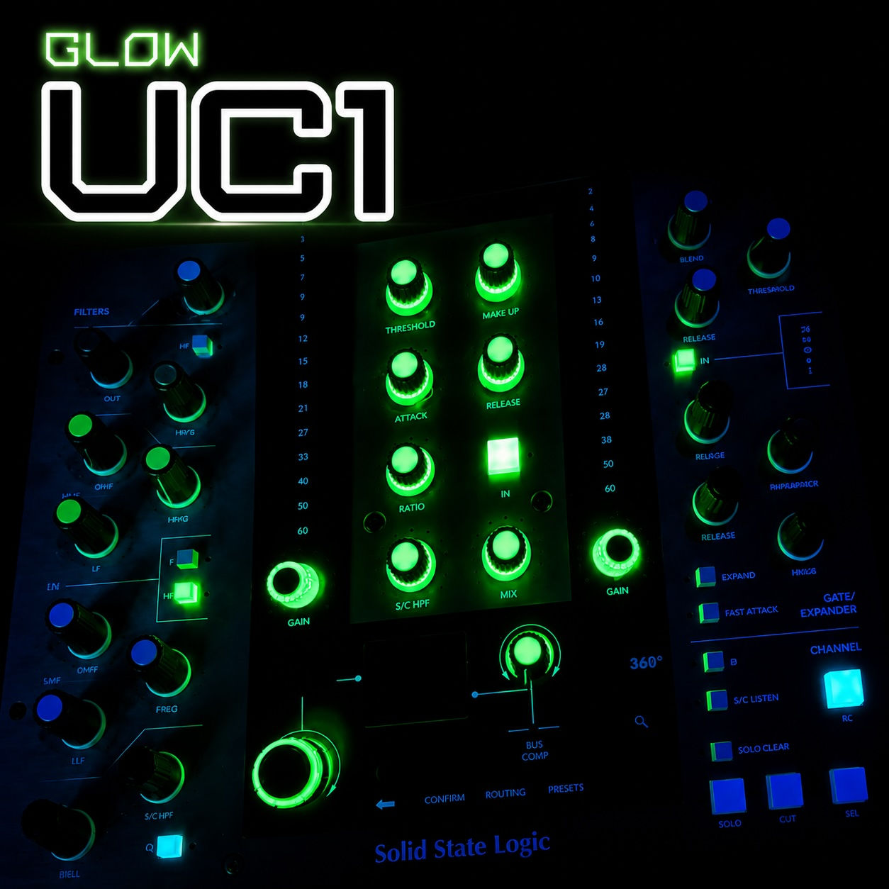 SSL UC1 GlowCenter RE:Surface Kit Glow Green - product overview with illuminated controls
