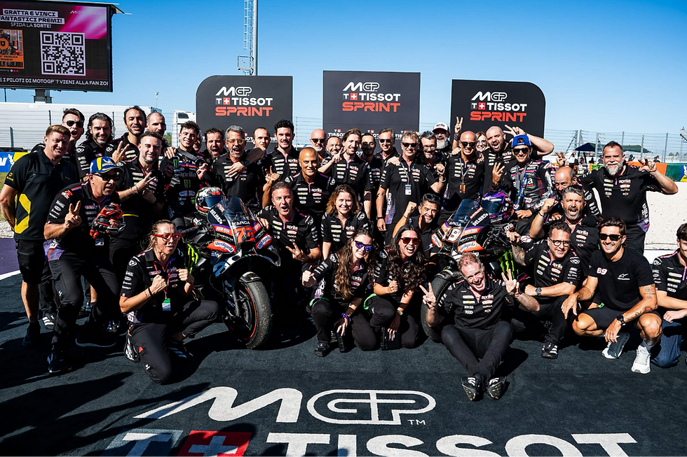 The Aprilia team celebrating their double podium at the 2026 San Marino Grand Prix sprint | Credit: Aprilia Press