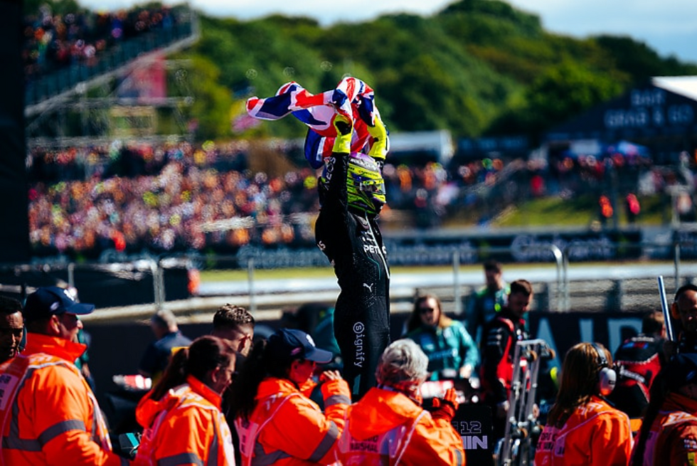 Lewis Hamilton celebrates victory at the 2024 British Grand Prix