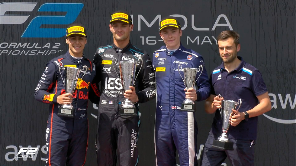 Crawford (M) took victory from Lindblad (L) and Browning (R) | Credit: Formula 2 via X