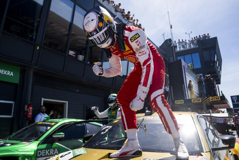Van der Linde celebrating after his first victory of the season. | Credit: ADAC Motorsport