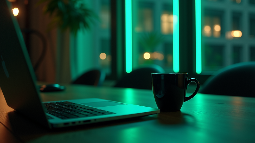 High angle view of a modern conference room with a laptop and coffee cup