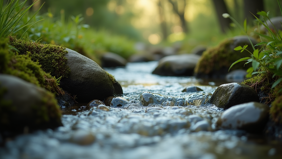 Close-up view of a serene nature scene with a flowing stream