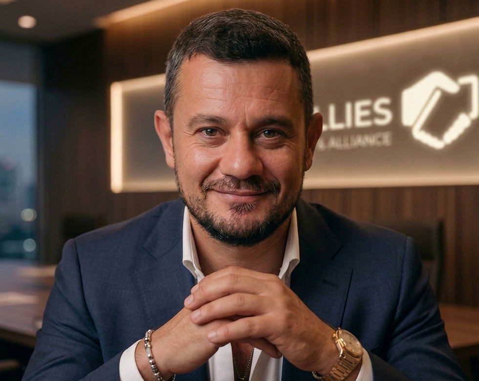 Smiling man in a navy suit sits in a modern office, hands clasped, with a backlit Allies sign behind him.