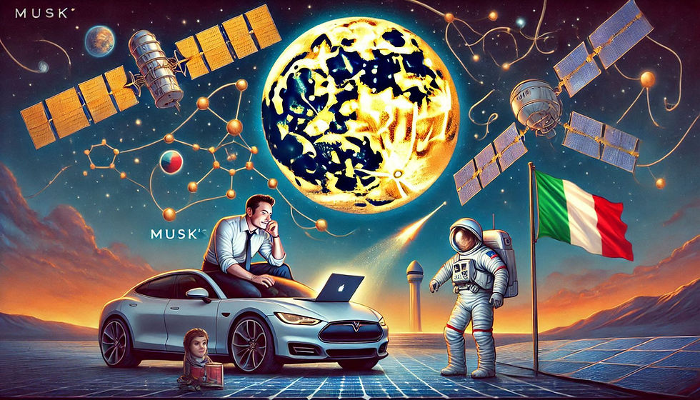 Musk sitting on a car with laptop, astronaut nearby, Italian flag, satellites, and a glowing celestial body in a starry sky. Text: "MUSK".