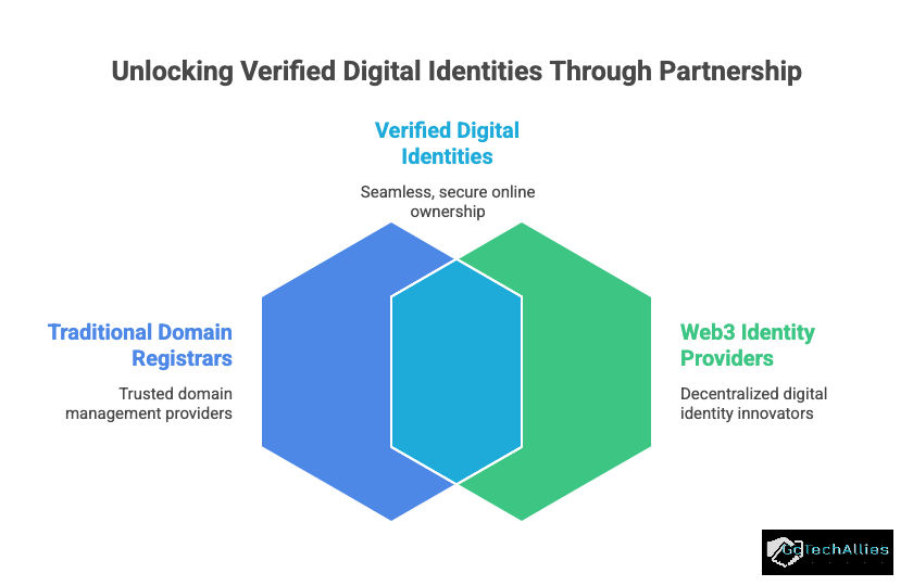 Hexagon diagram of digital identities with sections: Traditional Domain Registrars, Verified Digital Identities, and Web3 Identity Providers.
