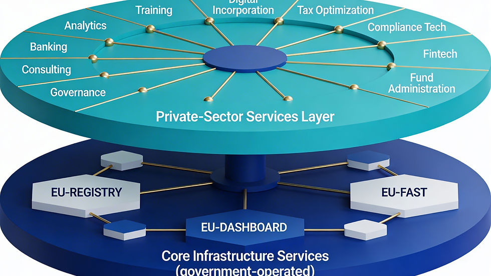 Two-tier diagram showing "Private-Sector Services Layer" with services like Banking and Fintech, above "Core Infrastructure Services" with EU-REGISTRY.