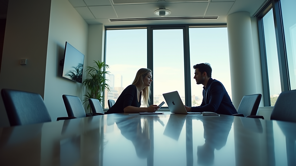 Eye-level view of a modern office meeting room with two people discussing technology