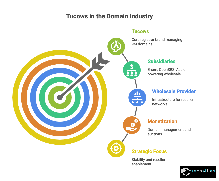 Target with arrow, representing focus. Diagram on right: Tucows info, subsidiaries, wholesale, monetization, strategic focus. Black background.