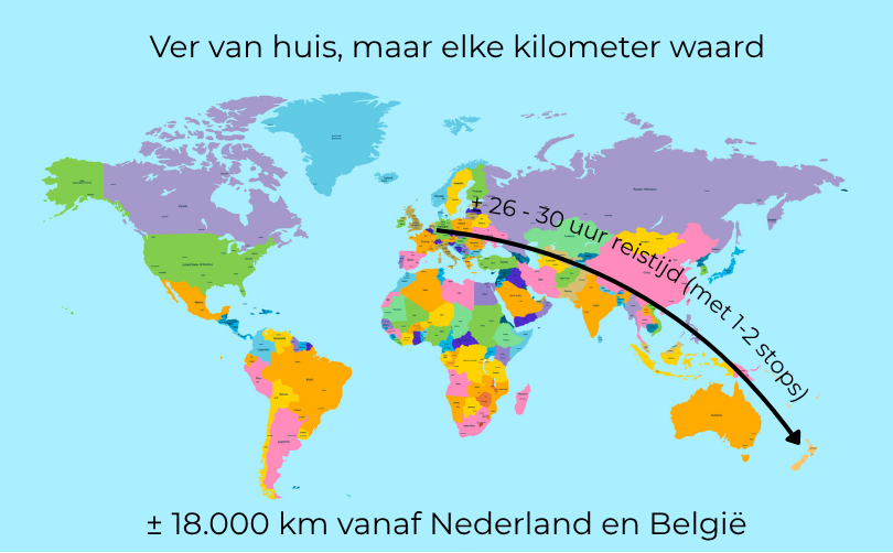 Afstand en vliegtijd tussen Nederland, België en Nieuw-Zeeland op een wereldkaart