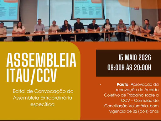 Sindicato convoca os Bancarios do Itaú a participar da Assembleia no dia 15 de Maio